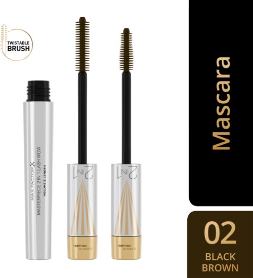 To mascara-børster med svartbrune bust og en hvit mascara-rør merket 'MASTERMASCARA' vises.
