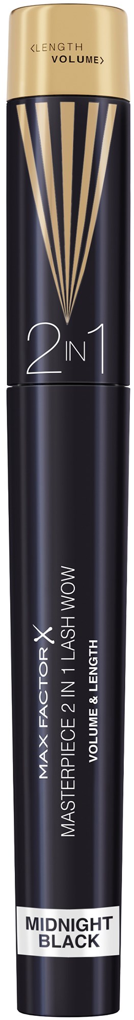 En mascara-rör med svart och guld design, märkt "Masterpiece Max" och "Midnight Black".