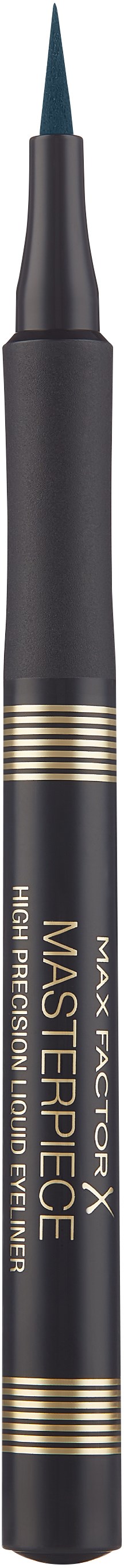 En svart ögonbrynspenna med spetsig spets och gulddetaljer, märkt "MASTÉRPIECE" och "WATERPROOF" i guld.