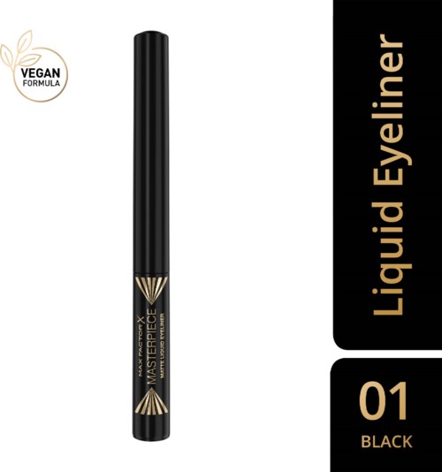 A black liquid eyeliner pen with gold and black design, labeled "Masterpiece" and 