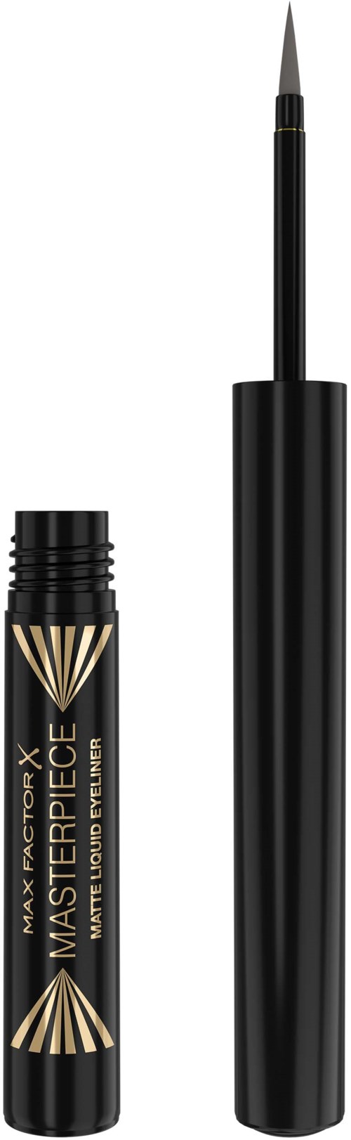 Liquid eyeliner pen with a long brush, comes in a black container labeled 'Masterpiece.'