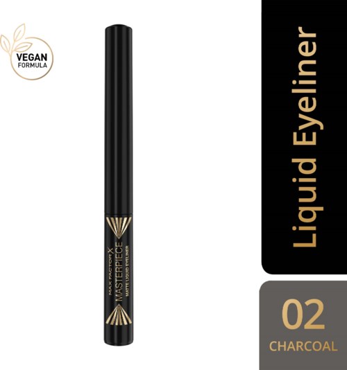 A black liquid eyeliner pencil with gold accents and a vegan formula label.