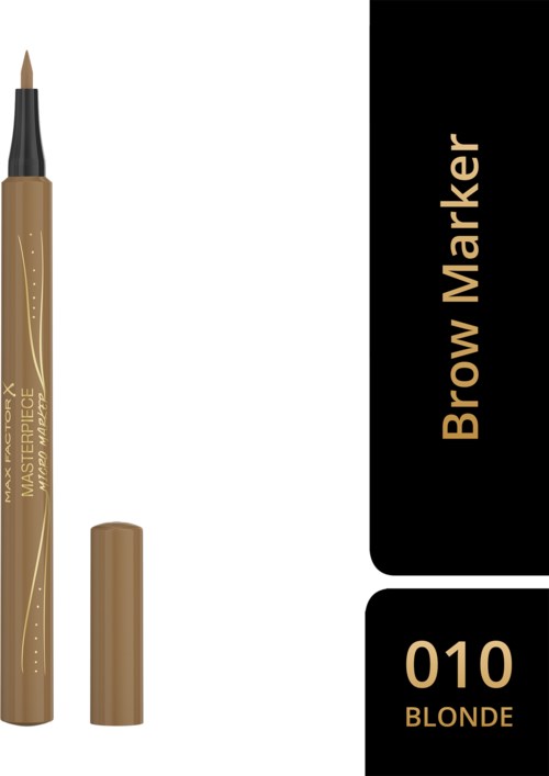 En ögonbrynspenna med lock bredvid, märkt "Brow Marker 010 Blonde," på en enkel bakgrund.