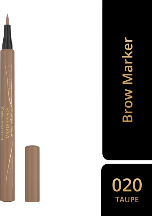 En beige ögonbrynsmarkör med lock, märkt "Brow Marker 020 Taupe," visas på en bakgrund uppdelad i vitt och svart.