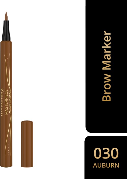 En ögonbrynmarkör i svart och guld, märkt 'Brow Marker 030 Auburn', med lock borttaget som visar spetsen.