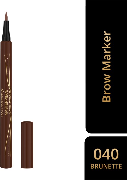 En brun ögonbrynspenna med lock, märkt "040 Brunette," avsedd för att forma ögonbryn.