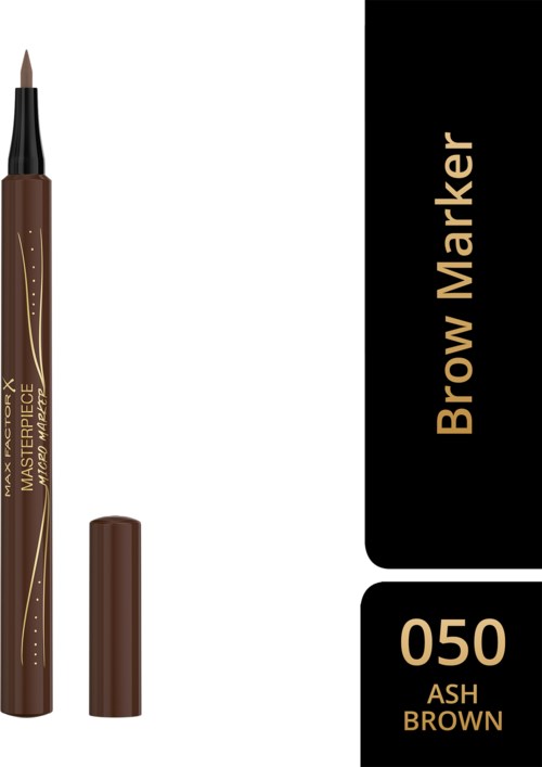 En brun ögonbrynspenna med lock, märkt som '050 Ash Brown,' står vertikalt bredvid en svart del med guldtext.