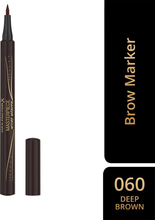 En brun brynmarkör med lock, märkt som nyans 060 Deep Brown, mot en svart och vit bakgrund.