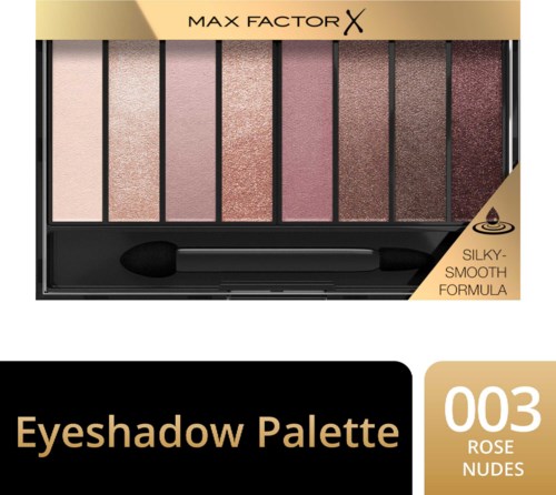Palett av rosa og brune øyeskygger med en svampapplikator. Merket som 'Eyeshadow Palette' i nyanser av rose og nude.