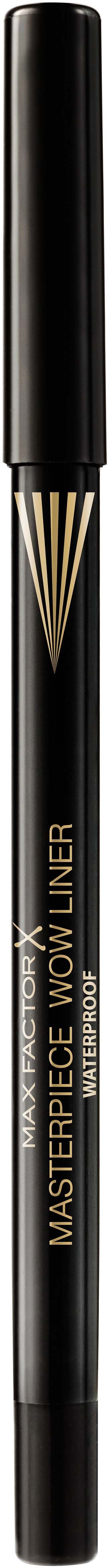 Ein schwarzer Make-up-Stift mit goldenen Akzenten, beschriftet "Masterpiece Wow Liner" für Augen-Make-up.