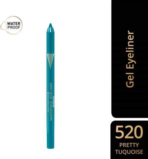 Ein türkisfarbener Gel-Eyeliner-Stift mit Wasserfest-Label und der Nummer 520 Pretty Tuquoise, mit schwarzem und goldfarbenem Text und Design.
