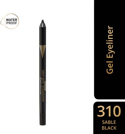 Ein schwarzer Gel-Eyelinerstift mit Goldakzenten, wasserdichtem Aufdruck und der Nummer 310 Sable Black auf der Verpackung.