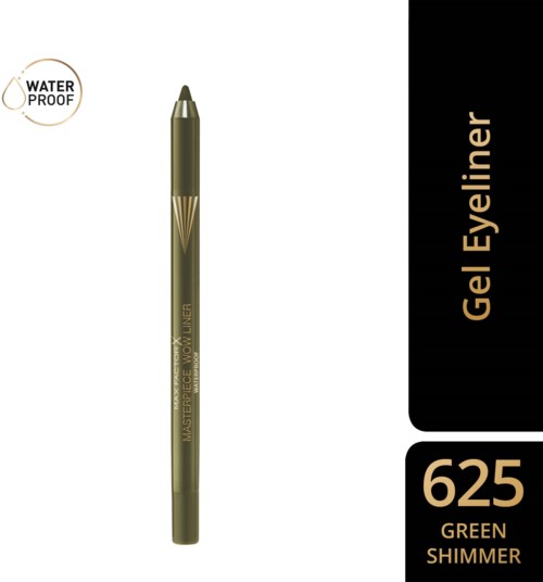 Zielony gel eyeliner z złotą nakrętką i złotym napisem, oznaczony jako wodoodporny, odcień 625 Green Shimmer.