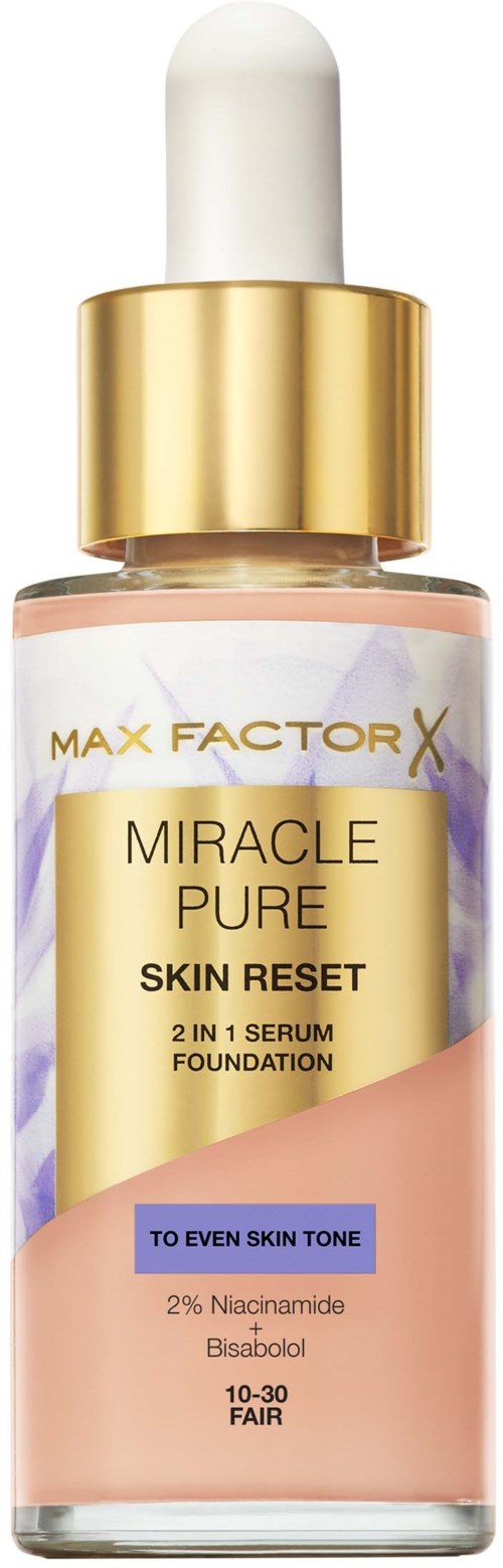 Ihonhoitopullo nimeltä Max Factor X Miracle Pure Skin Reset, jossa tippoilla varustettu korkki ja kultaiset yksityiskohdat.