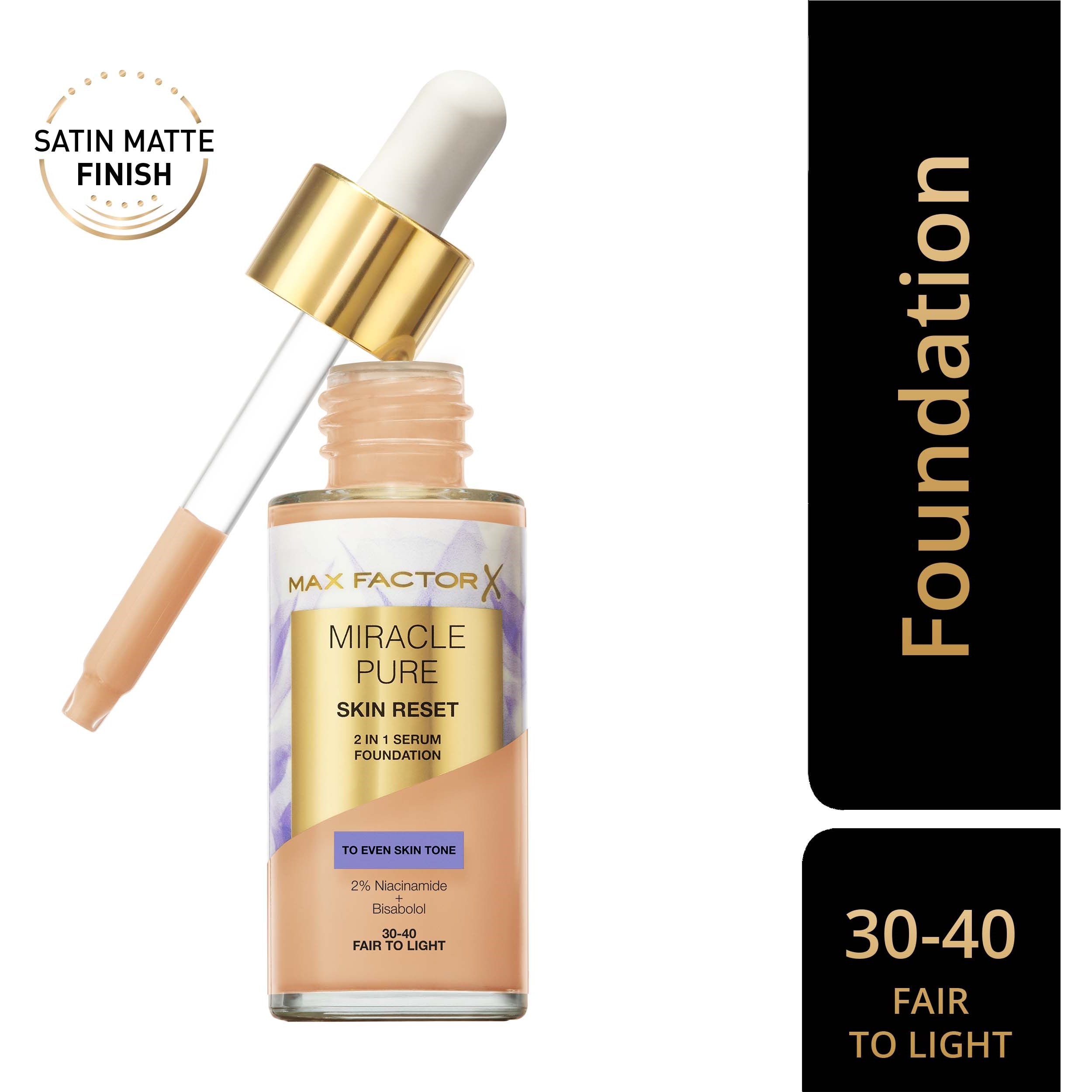 Alternativ bild 1 för Max Factor Miracle Pure 2in1 Skin Reset Serum Foundation 30-40 Fair to