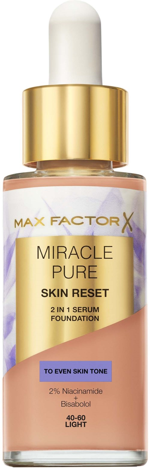  Tipattoman pullo on kultainen ja valkoinen, nimeltään "Miracle Pure Skin Reset," tasaisen vaalean ihon sävyyn.
