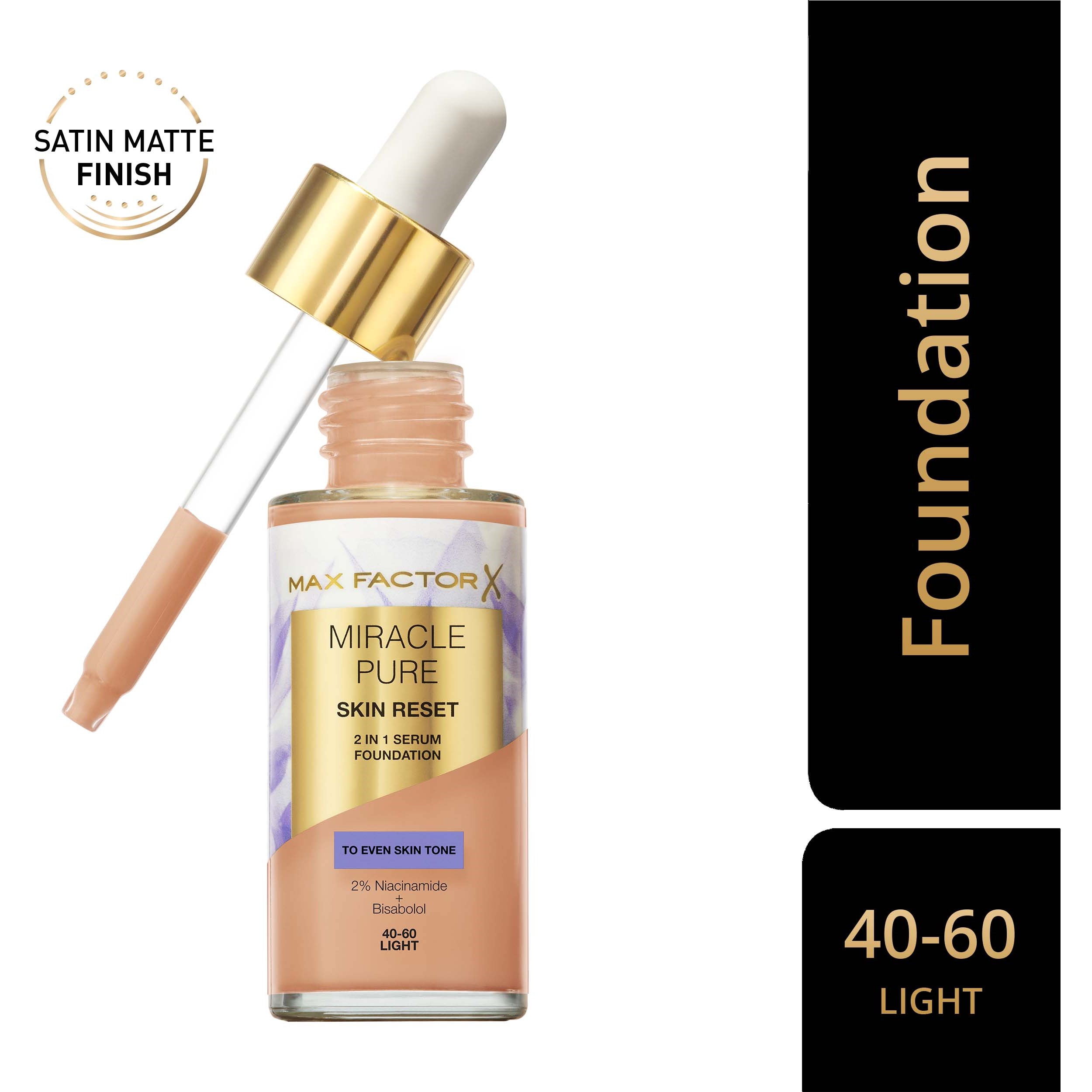 Alternativ bild 1 för Max Factor Miracle Pure 2in1 Skin Reset Serum Foundation 40-60 Light