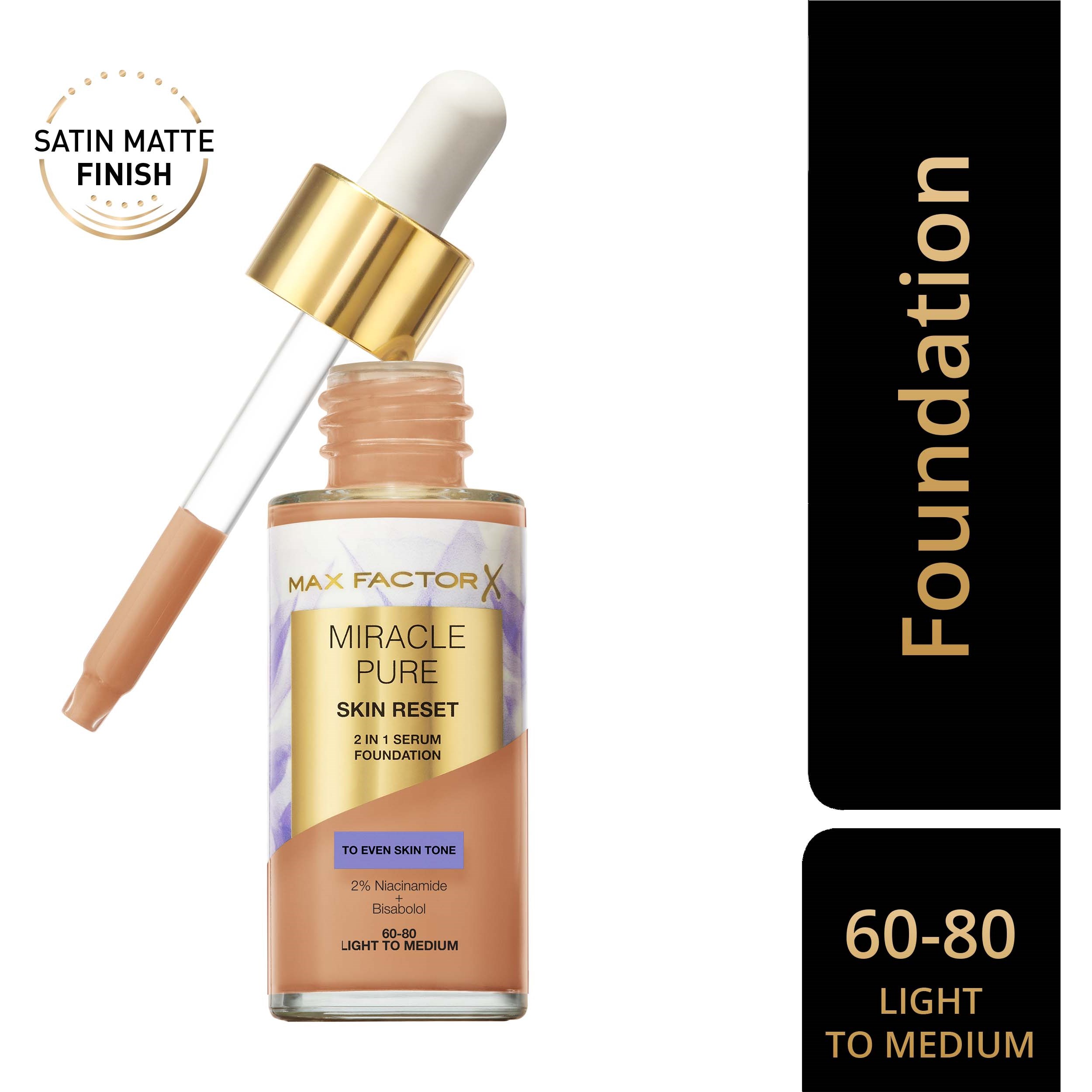 Alternativ bild 1 för Max Factor Miracle Pure 2in1 Skin Reset Serum Foundation 60-80 Light t