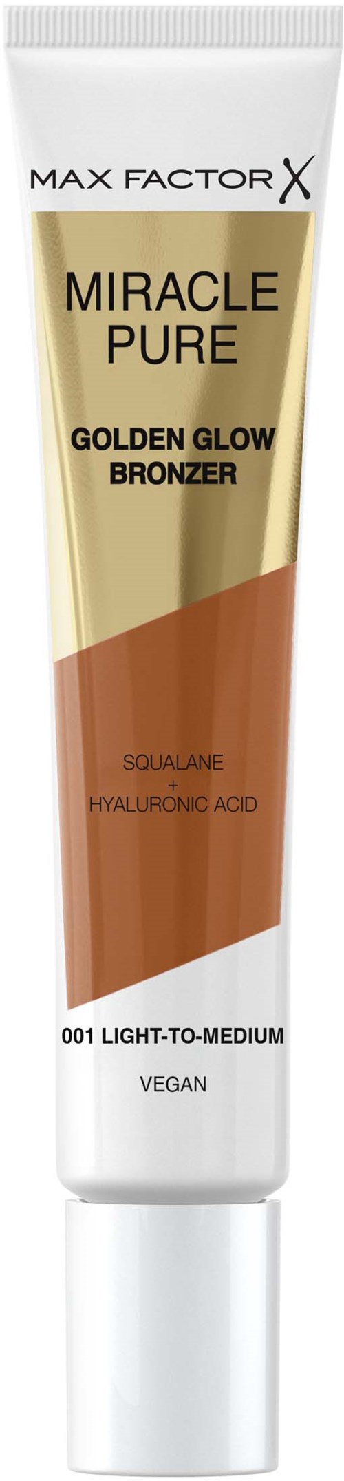 En tub med Max Factor X Miracle Pure Golden Glow Bronzer, märkt för ljus till medium hud, med ingredienser som squalane och hyaluronsyra.