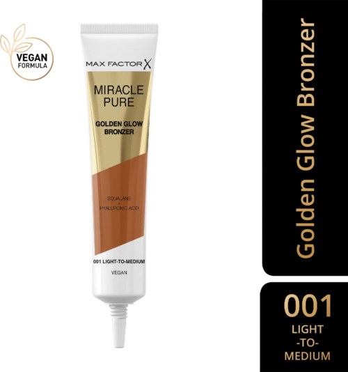 En tube med Max Factor Miracle Pure Golden Glow Bronzer med vegansk märkning och ljus till medel nyans.
