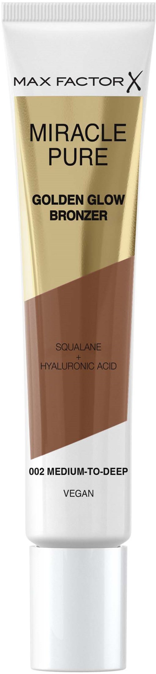 En tub med Max Factor X Miracle Pure Golden Glow Bronzer i guldfärgad och brun nyans.