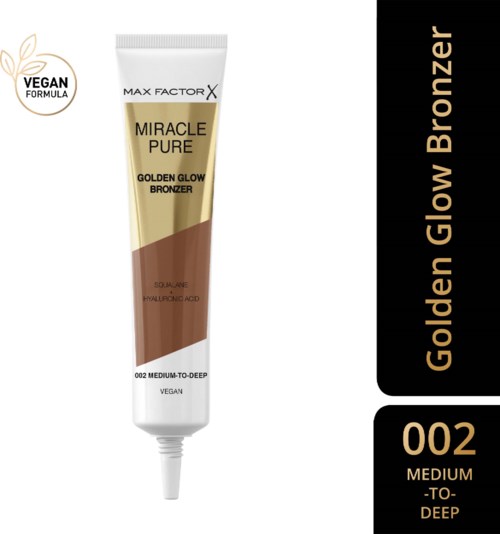En tub med Max Factor Miracle Pure Golden Glow Bronzer för medium till djupare hudtoner, vegansk formel och innehåller närande syra.