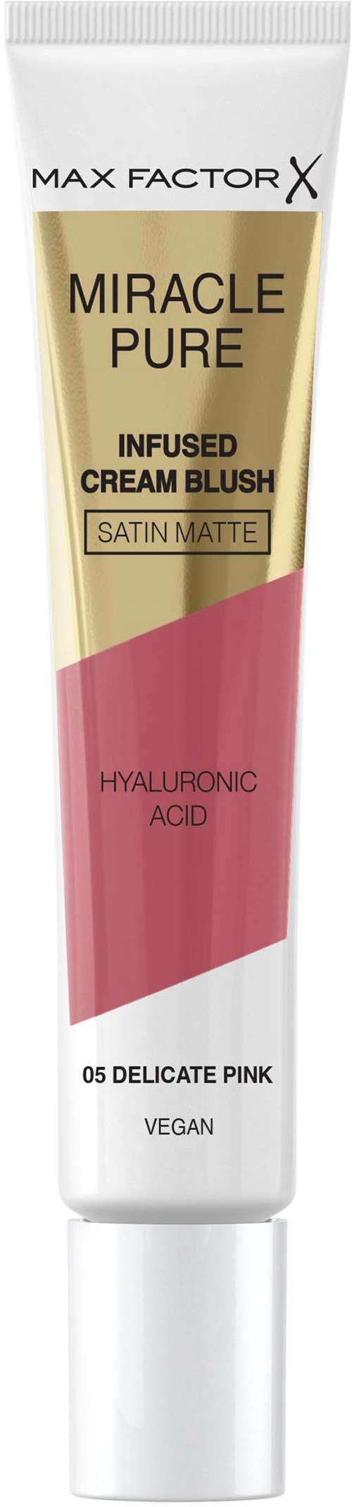 A tube of Max Factor X Miracle Pure infused cream blush, in delicate pink, with hyaluronic acid and vegan ingredients.