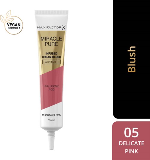 A tube of Max Factor Miracle Pure blush in delicate pink, with vegan formula and hyaluronic acid.