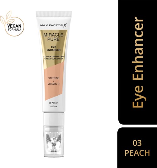 En tube med Max Factor X øyeforsterkende krem med ferskenfarge, som inneholder koffein og vitamin C, merket som vegansk.