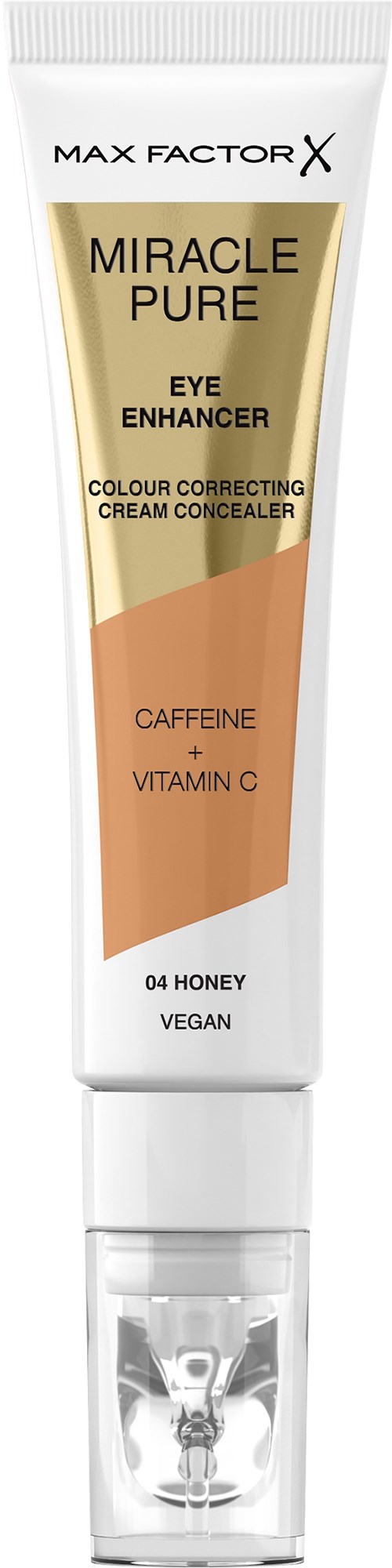 En hvit tube med øyekrem med gull- og ferskengul design, merket 'Miracle Pure Eye Enhancer' med ingredienser som koffein.