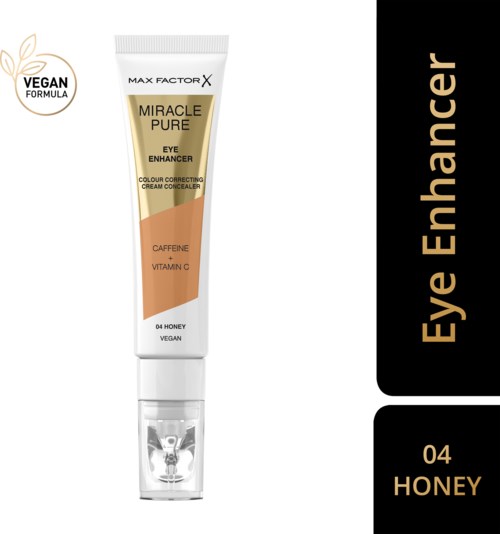En tube med øyeskjuler i honningfarge, merket for vegan, koffein, vitamin C og øyeforbedring.