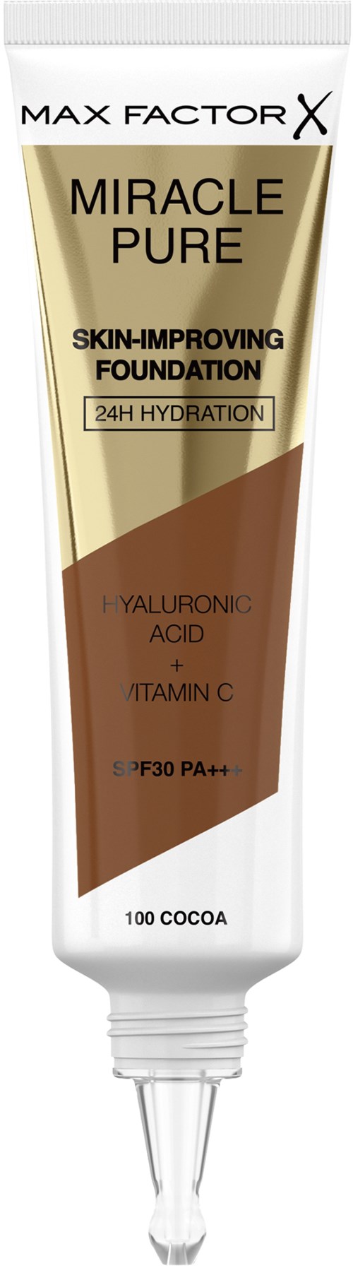 Rör av Max Factor X Miracle Pure foundation för hud, med ingredienser för återfuktning och hudförbättring, SPF 30.