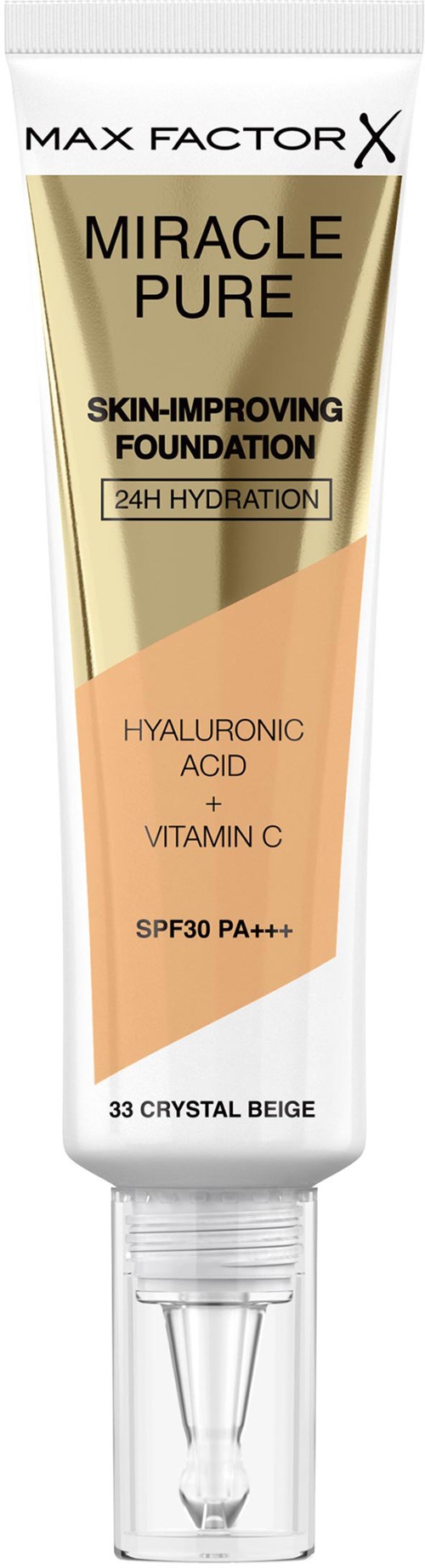 En tube med Max Factor Miracle Pure foundation med SPF 30, for hudforbedring og fukting.