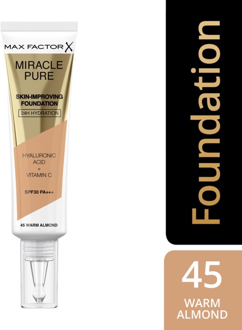 En tube med Max Factor foundation kalt Miracle Pure med ingredienser som hyaluronsyre og vitamin C, i nyanse 45 Warm Almond.