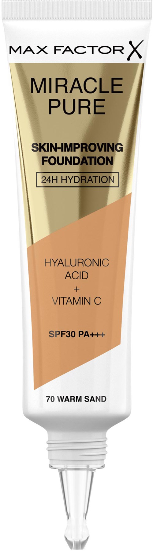 En tube av Max Factor Miracle Pure foundation med fuktgivende ingredienser og solbeskyttelse i nyansen 70 warm sand.