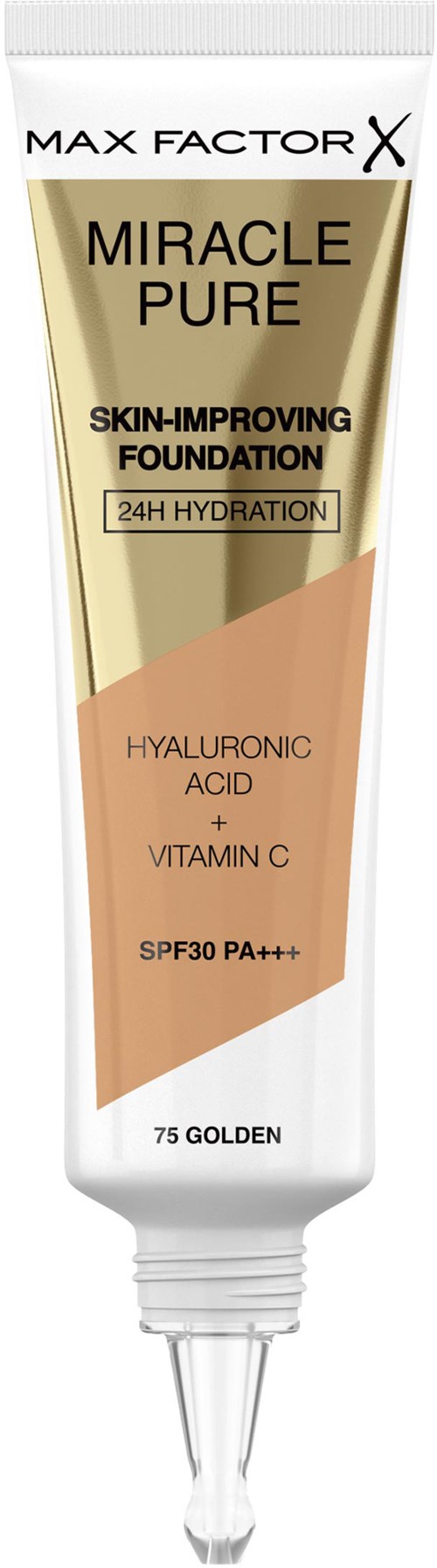 Rør av hudgrunnlag merket Max Factor X Miracle Pure, med ingredienser og SPF 30 PA++.