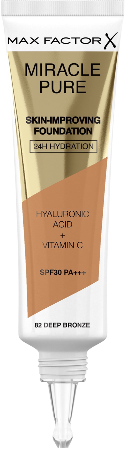 En tube med hudfoundations som heter Miracle Pure med hyaluronsyre, vitamin C, SPF30 og dyp bronze nyanse.