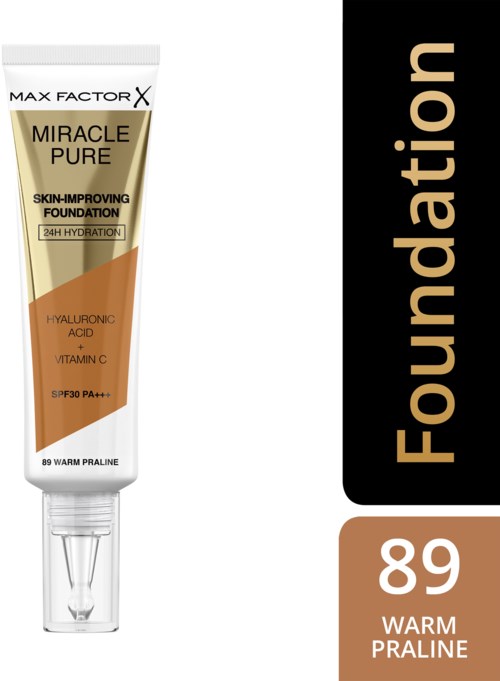 En tube fra Max Factor Miracle Pure foundation med SPF. Den indeholder hyaluronsyre, C-vitamin og er til varm pralin nuance.