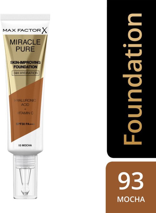 En tube av Max Factor Miracle Pure foundation, merket som hudforbedrende, med ingredienser som hyaluronsyre og vitamin C, i nyanse 93 Mocha.