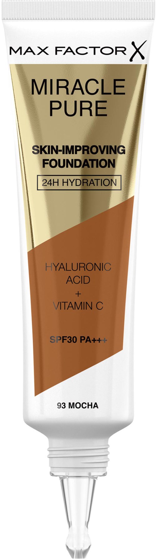 En hudpleiefinnpenningsrør merket "Miracle Pure" med SPF30 og fuktelevering, i beige, brunt og hvitt.