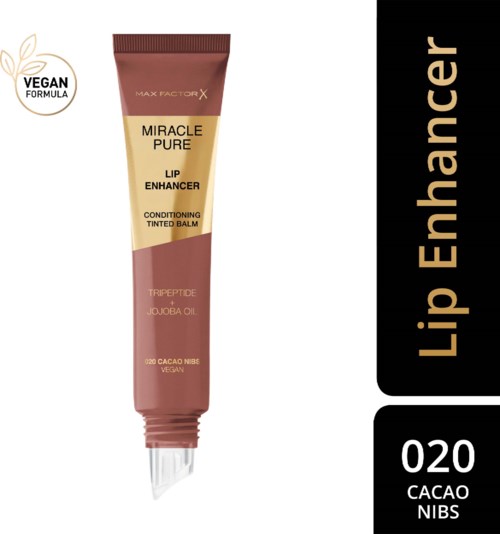 En tub med läppbalsam märkt 'Miracle Pure Lip Enhancer' med ingredienser som jojobaolja och kakaobönor.