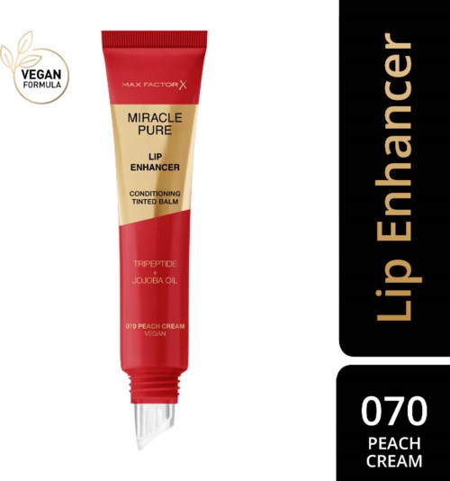 En röd tub med läppbalsam märkt 'Miracle Pure' med produktdetaljer och en 'Vegan Formula'-sticker.