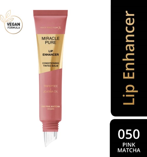 Läppförstärkande kräm i rosa tuber med etiketter, vegansymbol och text om ingredienser och syfte.
