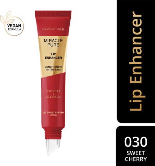 En röd tub med veganskt läppbalsam märkt 'Miracle Pure' med smak av körsbär och jojobaolja, ger fukt och vård.