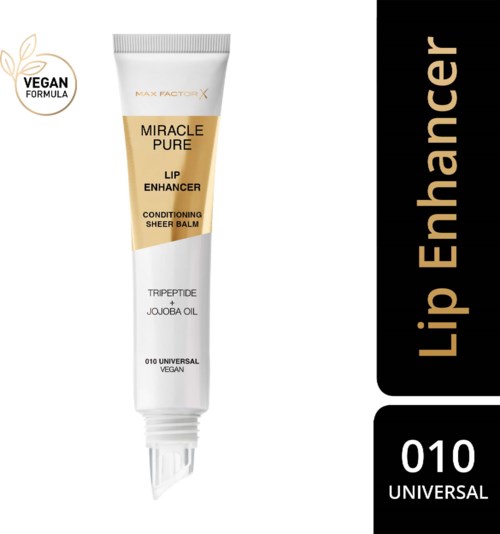 En tub med läppförstärkningsbalsam märkt 'Miracle Pure' med vegansk formel, innehåller jojobaolja och är numrerad 010.