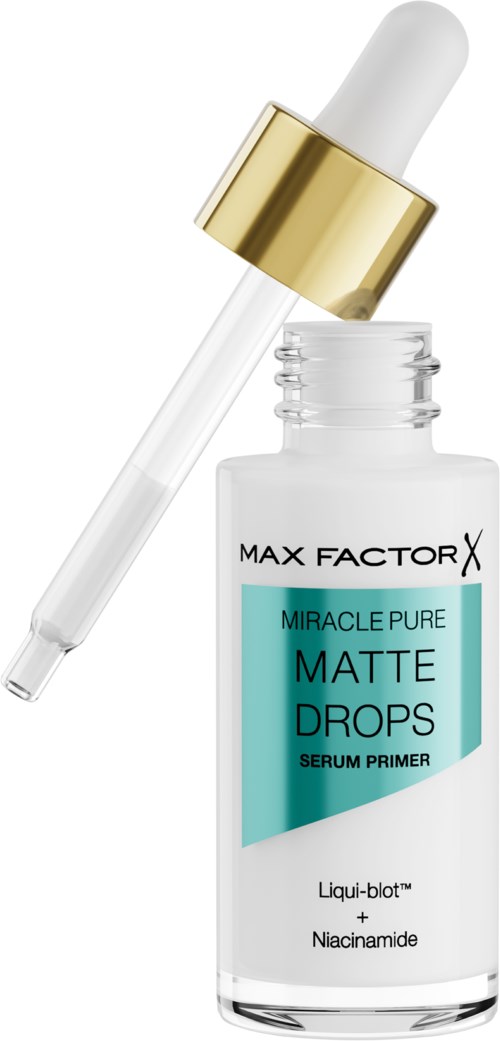 En lille glasflaske med pipettehætte, mærket 'Max Factor' og 'Matte Drops' til makeup.