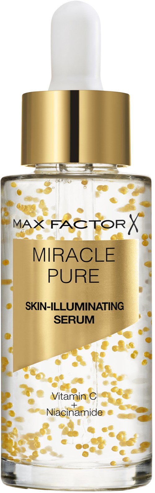 Serum bottle with gold and white design, dropper cap, called 'Miracle Pure' for skin with vitamin C.
