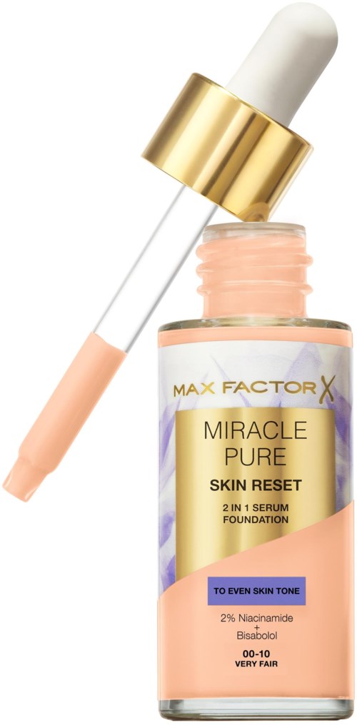 Ihonhoitoseerumin pullo, jossa tiski, nimeltä 'Miracle Pure Skin Reset' Max Factorilta, silmille ja ihon sävyyn.