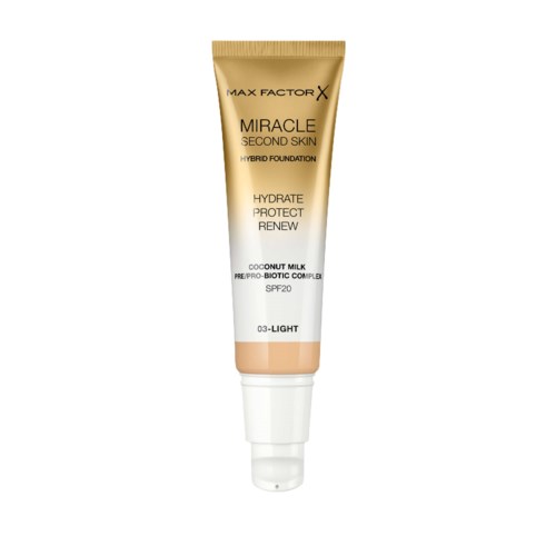 En tub med Max Factor Miracle Second Skin foundation med SPF 20, märkt för ljus hud, kokosmjölk och biotisk komplex.
