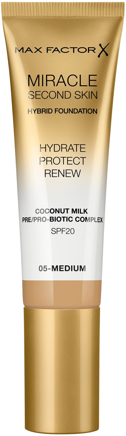 Tuba podkładu Max Factor Miracle Second Skin z SPF20, odcień 05 Medium, w złoto-białych kolorach.